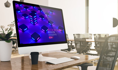 computer with blockchain website screen on modern business office mockup