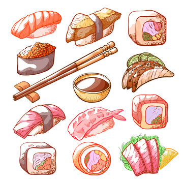 Sushi and rolls hand drawn food set