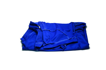 the untidy fold of blue sport shirt on white background isolated