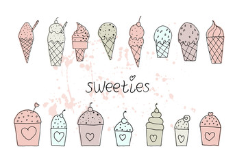 Vector illustration. Stylized ice cream and cupcake set. Print design element. Cute vector objects.
