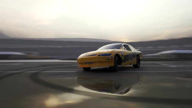 High speed racing car driving and drifting around racing track. Following camera