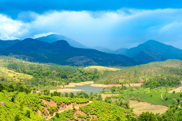 Fototapeta na wymiar beautiful landscape of India with green tea plantations, river, hills and mountains, Kerala, Munnar
