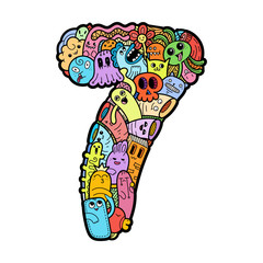 Hand drawn doodled kids numbers. Cute monstred numbers, math symbols.