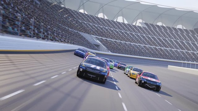 Race Car Speeding Along The Curve Racetrack on stadium during sport event. 4K
