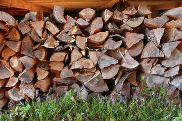 Stack of firewood under cottage, with heather growing in front of it
