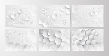 Set of abstract chemical background in grey and white tone in concept of paper cut and flat design. Vector illustration in digitalcraft.