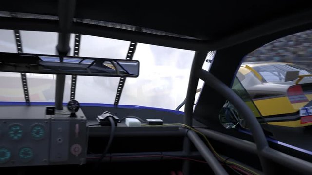 Speeding racing cars. Dynamic camera. Flying near the cars and passing through.