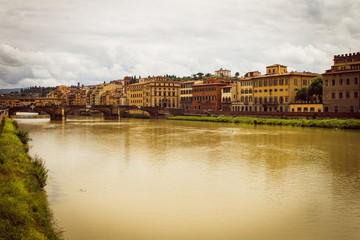 Panoramic view of the city of Florence. Storm clouds cover the sky.
