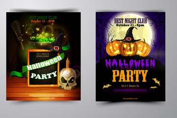 Halloween party invitation on wooden wall background