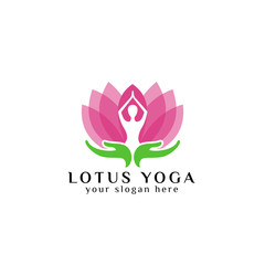 yoga logo design stock in overlay color style. human meditation in lotus flower with hand care vector illustration