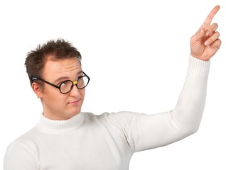 Portrait of young businessman with glasses in white sweater with