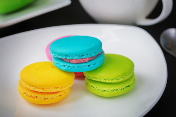 Colourful Sweet French Macaroons or Macaron, Dessert.