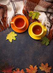 Autumn background with cup of tea, plaid and leaves