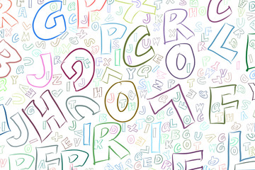 Abstract background with alphabets letters. Vector, sketch, backdrop & messy.