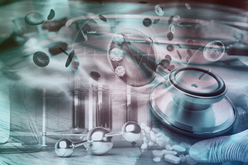 Naklejka premium Health care system and professionals. Biology lab test health care and technology.