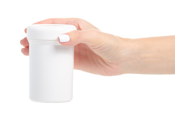 White jar cream in hand on white background isolation