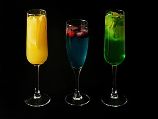 pisco sour cocktail on the table in bar, italian pear and colorful cocktails standing on the table in the bar