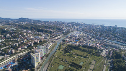 aerial view of a coastal town in mountains. Sochi, Russia