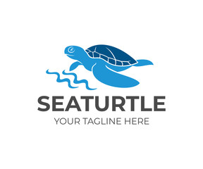 Fototapeta premium Żółw morski wzdłuż wybrzeża i fal, projektowanie logo. Zwierząt, przyrody, życia morskiego i przyrody, wektor projektowania i ilustracji