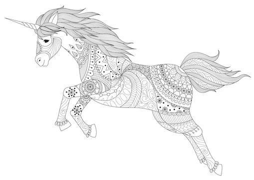 Jumping Cute Unicorn For Printed Design And Coloring Book Pages For Anti Stress .Vector Illustration