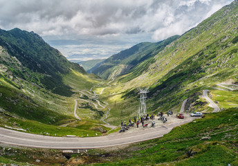 Mountain landscape. Romanian Carpathians. Transfagarasan road. Motorcycle bikers company.