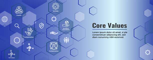 Core Values Web Header Banner image with Integrity, Mission, etc Icon Set