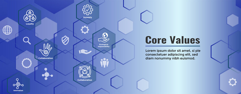 Core Values Web Header Banner image with Integrity, Mission, etc Icon Set