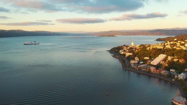 Aerial Pan, Oriental Bay in Wellington New Zealand. Sun setting over harbor.