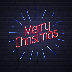 Neon sign merry christmas on brick wall background. Christmas greeting card design