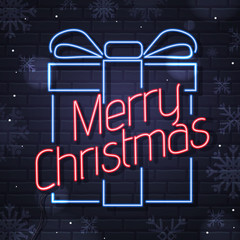 Neon sign merry christmas on brick wall background. Christmas greeting card design