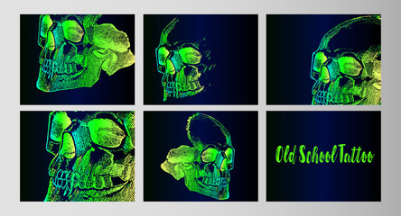 Vector set of neon skull tattoo designs - beautiful, creative tattoo designs. The idea for a greeting card with a frenzy for Halloween