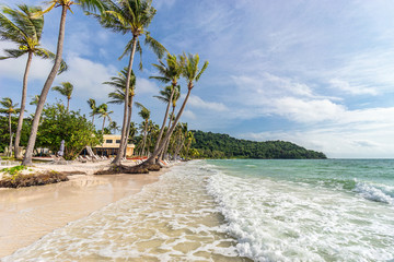 Beautiful tropical sandy Bai Sao beach with palm trees on Phu Quoc island in Vietnam. Seascape