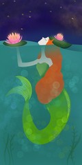 Red hair mermaid in water holding water lily. Beauty under stars