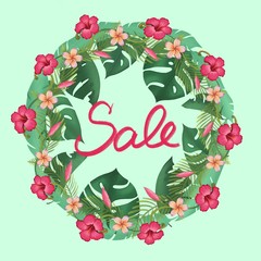 Sale banner illustration with flowers and palm leaves.Floral tropical summer background.Template design