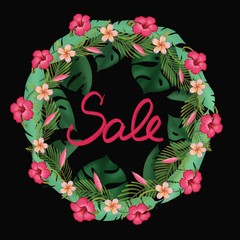 Sale banner illustration with tropical leaves background.Template design