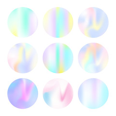Holographic abstract backgrounds set. Trendy holographic backdrop with gradient mesh. 90s, 80s retro style. Iridescent graphic template for brochure, flyer, poster, wallpaper, mobile screen.