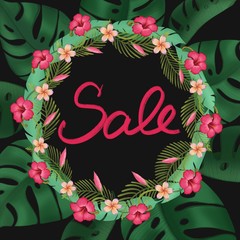 Sale banner illustration with tropical leaves background.Template design