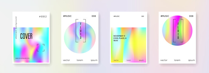 Holographic flyer set. Abstract backgrounds. Hipster holographic flyer with gradient mesh. 90s, 80s retro style. Iridescent graphic template for brochure, banner, wallpaper, mobile screen