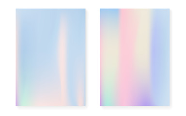 Holographic cover set with hologram gradient background. 90s, 80s retro style. Iridescent graphic template for book, annual, mobile interface, web app. Trendy minimal holographic cover.