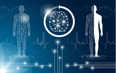 abstract background technology concept in blue light,brain and human body heal ,technology modern medical science in future and global international medical with tests analysis clone DNA human