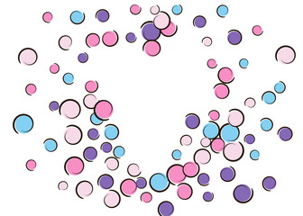 Heart dots frame with pop art confetti background. Big colored spots, spirals and circles on white. Vector illustration. Stylish childish splash for birthday party. Rainbow heart dots frame.