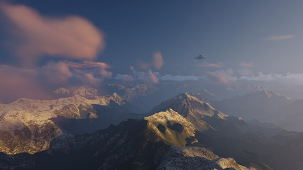 3D illustration UFO over the mountains
