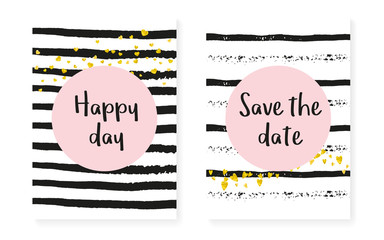 Wedding set with dots and sequins. Bridal shower invitation card with gold glitter confetti. Vertical stripes background. Trendy wedding set for party, event, save the date flyer.