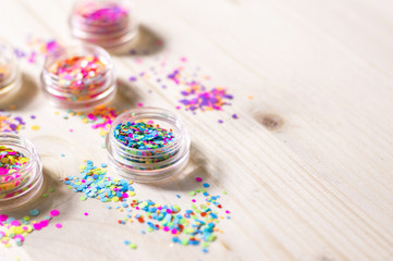 Obraz na płótnie Canvas View of colorful nail glitter