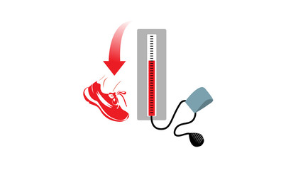 The role of exercise in management of blood pressure - vector image of a blood pressure monitor, sport shoe and downwards arrow