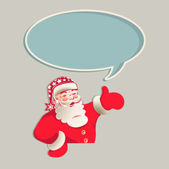 Figure Santa Claus with an oval frame, hand indicates direction.