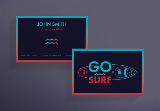 Business Card Layout with Surfboard and Wave Elements