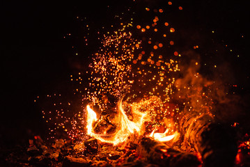 Fiery fire isolated on black isolated background . Beautiful yellow, orange and red fire flame...