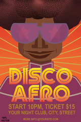 Afro disco retro pop art face. Sexy woman with brown afro curly hair and sunglasses. Vector bright background in pop art retro comic style. Party invitation. Vector EPS 10