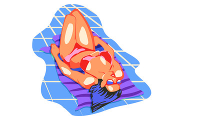 beautiful woman lying on the beach towel near swimming pool top view of pretty girl, summer holiday and summer camp poster traveling template poster badge vector illustration party